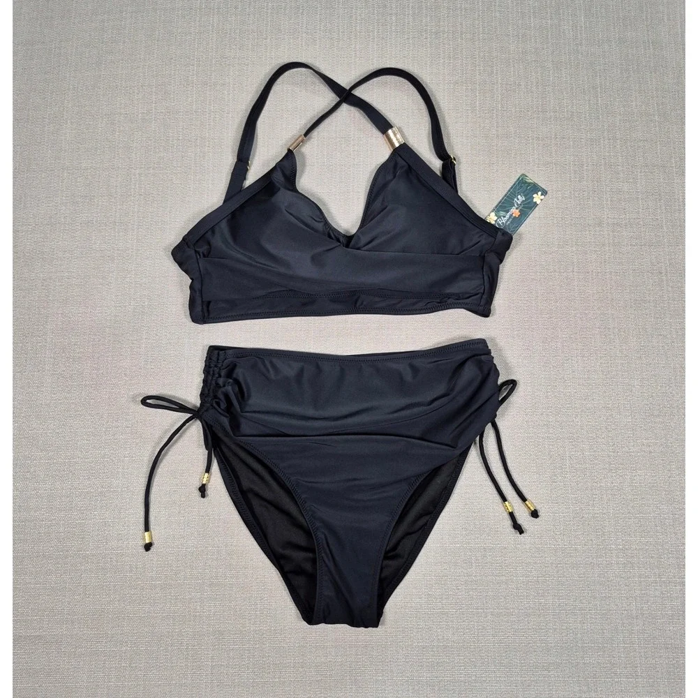 Blooming Jelly‎ Black High Waisted Ruched Bikini Set Size Medium NWT
